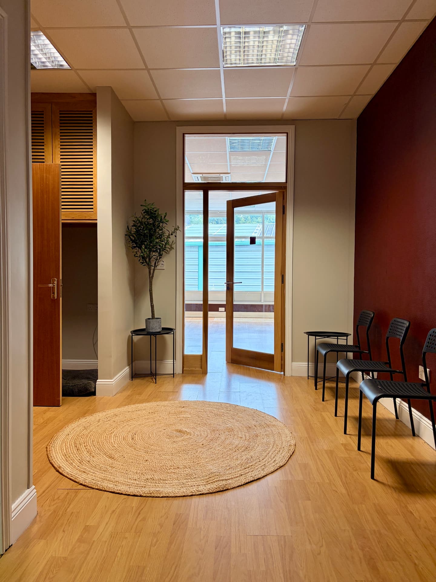 The bright waiting area with chairs, a round rug and doors into the studio